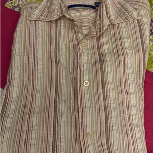Cream and Red Casual Button Down Shirt with Stripes